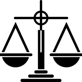 Logo in bianco e nero stilizzato di una bilancia a due piatti, simbolo della giustizia
